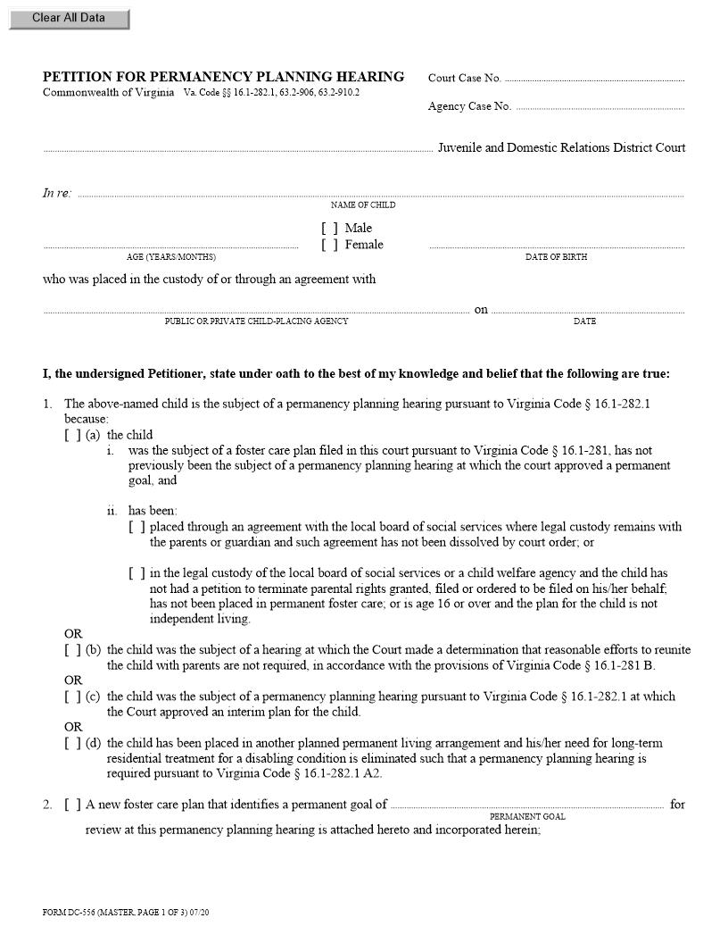 Petition For Permanency Planning Hearing {DC-556} | Pdf Fpdf Docx | Virginia