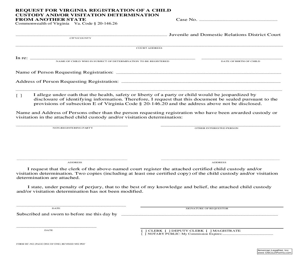 Request For Virginia Registration Of Child Custody And Or Visitation Determination From Another State {DC-582} | Pdf Fpdf Doc Docx | Virginia