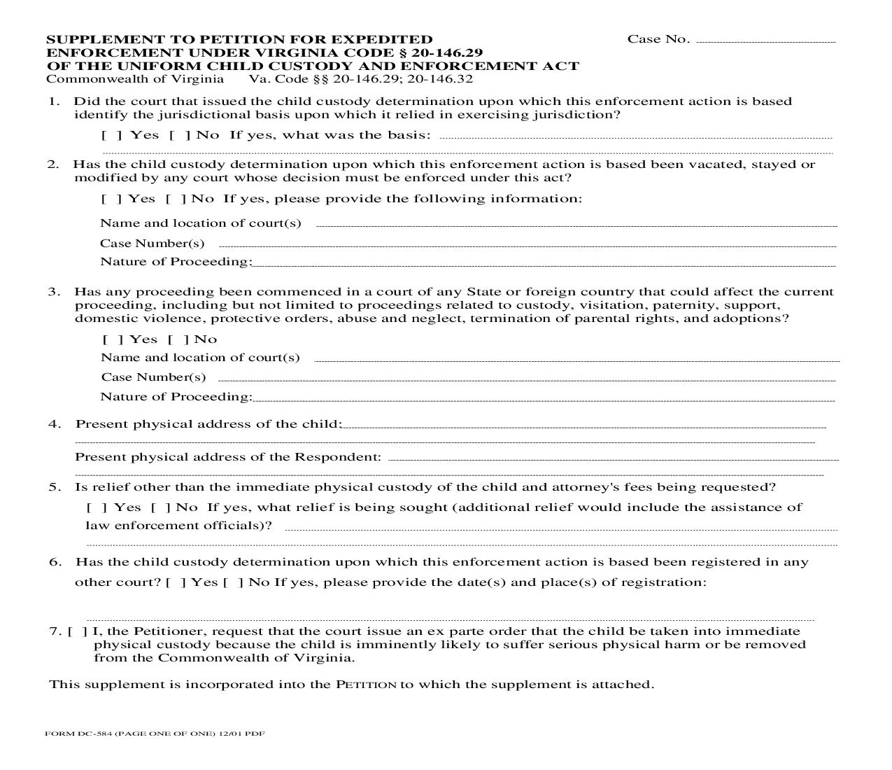 Supplement To Petition For Expedited Enforcement Of The Uniform Child Custody And Enforcement Act {DC-584} | Pdf Fpdf Doc Docx | Virginia