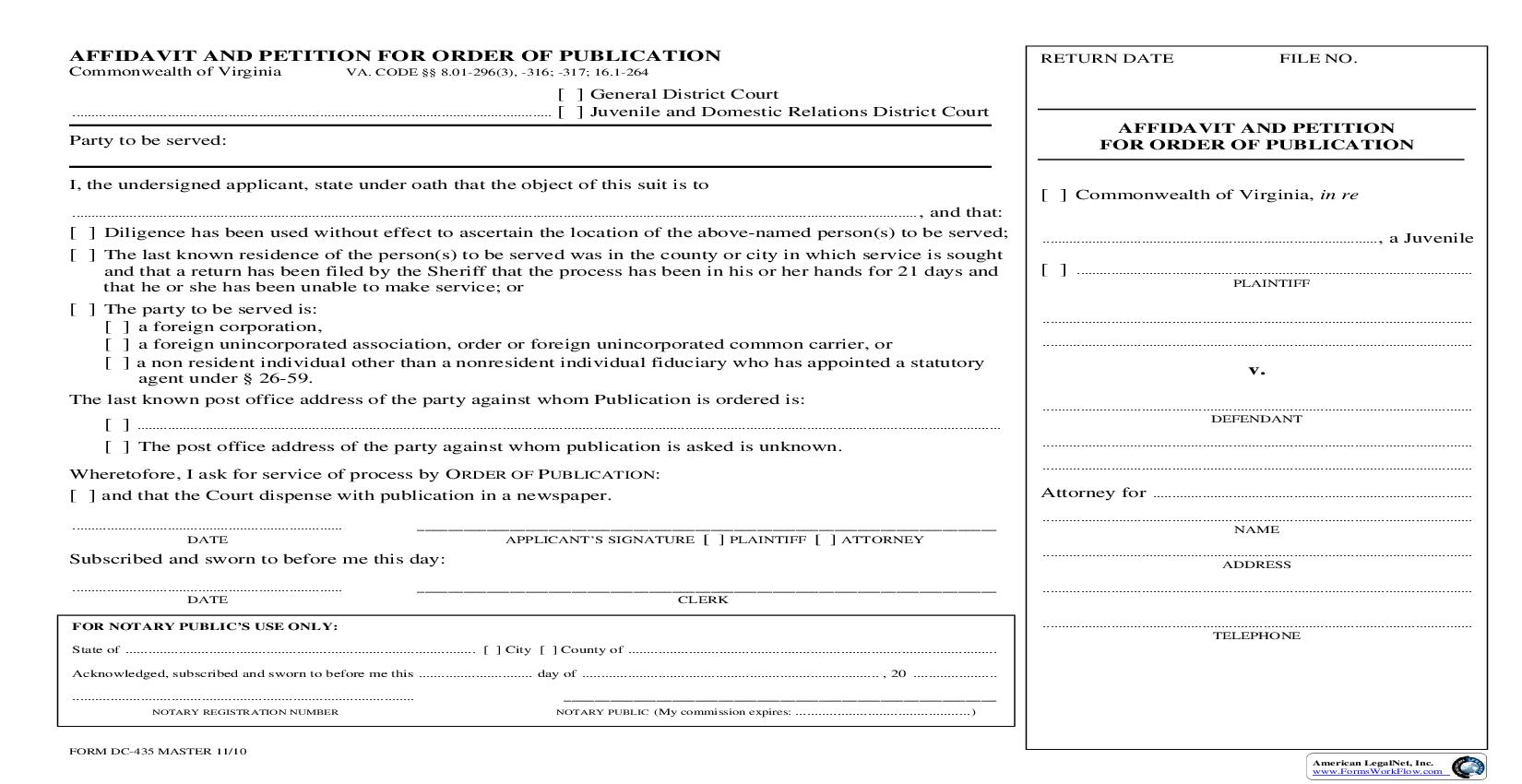 Affidavit And Petition For Order Of Publication {DC-435} | Pdf Fpdf Doc Docx | Virginia