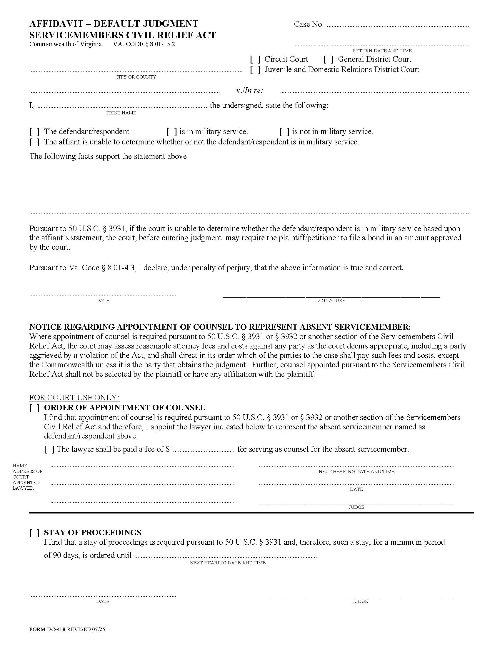 Affidavit Default Judgment Servicemembers Civil Relief Act {DC-418} | Pdf Fpdf Docx | Virginia