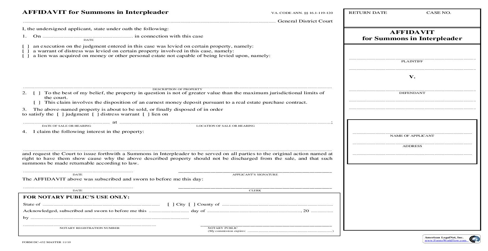 Affidavit For Summons In Interpleader {DC-432} | Pdf Fpdf Doc Docx | Virginia