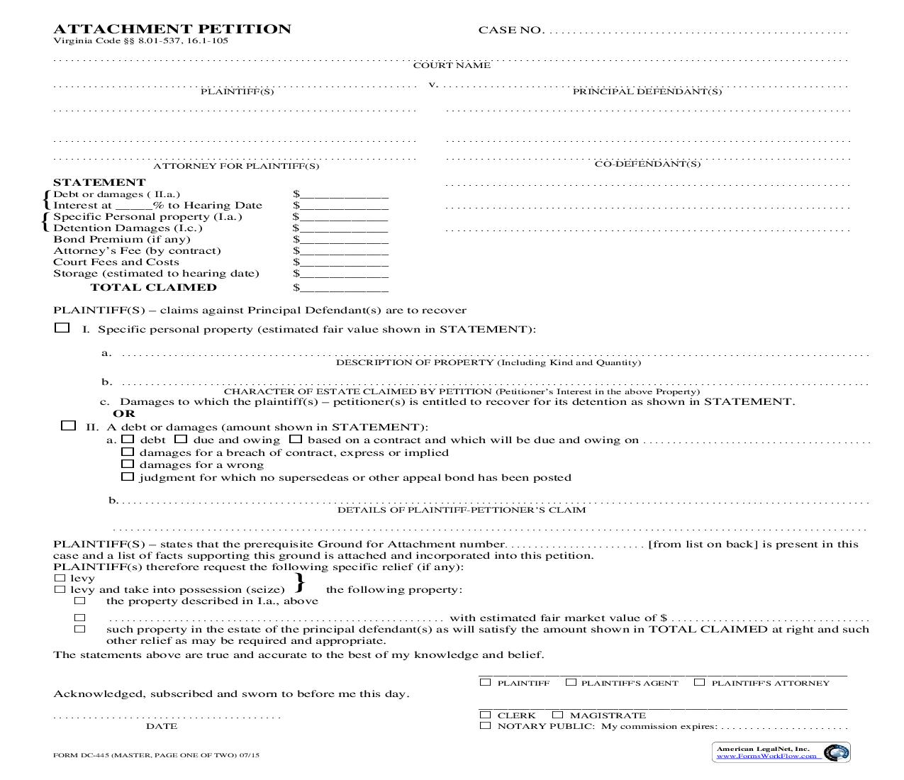 Attachment Petition {DC-445} | Pdf Fpdf Doc Docx | Virginia