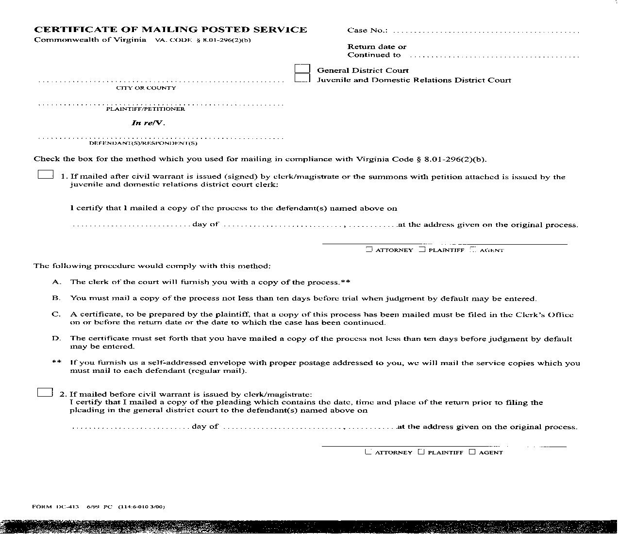 Certificate Of Mailing Posted Service {DC-413} | Pdf Fpdf Doc Docx | Virginia