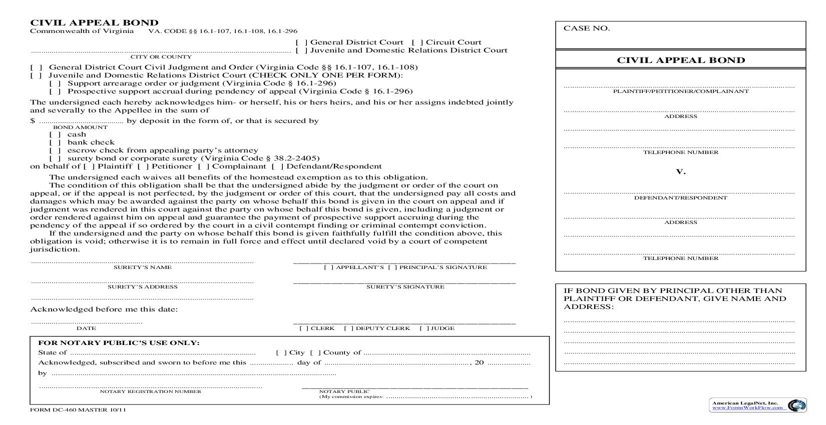Civil Appeal Bond {DC-460} | Pdf Fpdf Doc Docx | Virginia