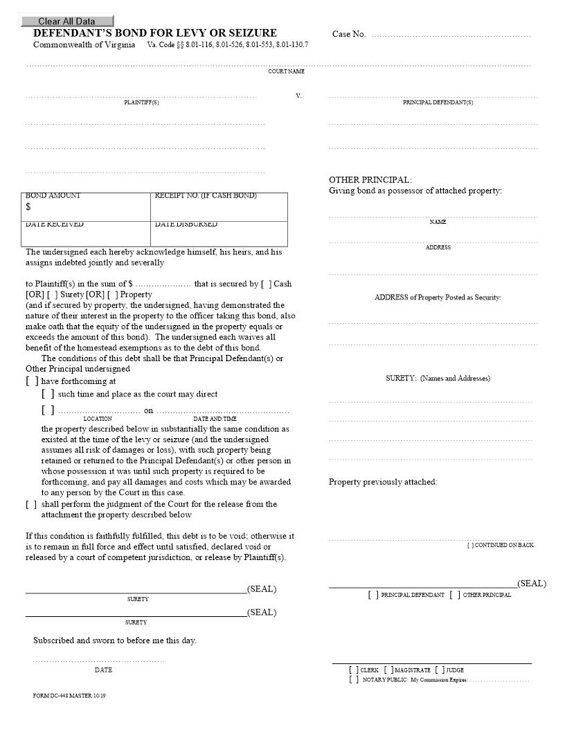 Defendants Bond For Levy Or Seizure {DC-448} | Pdf Fpdf Doc Docx | Virginia