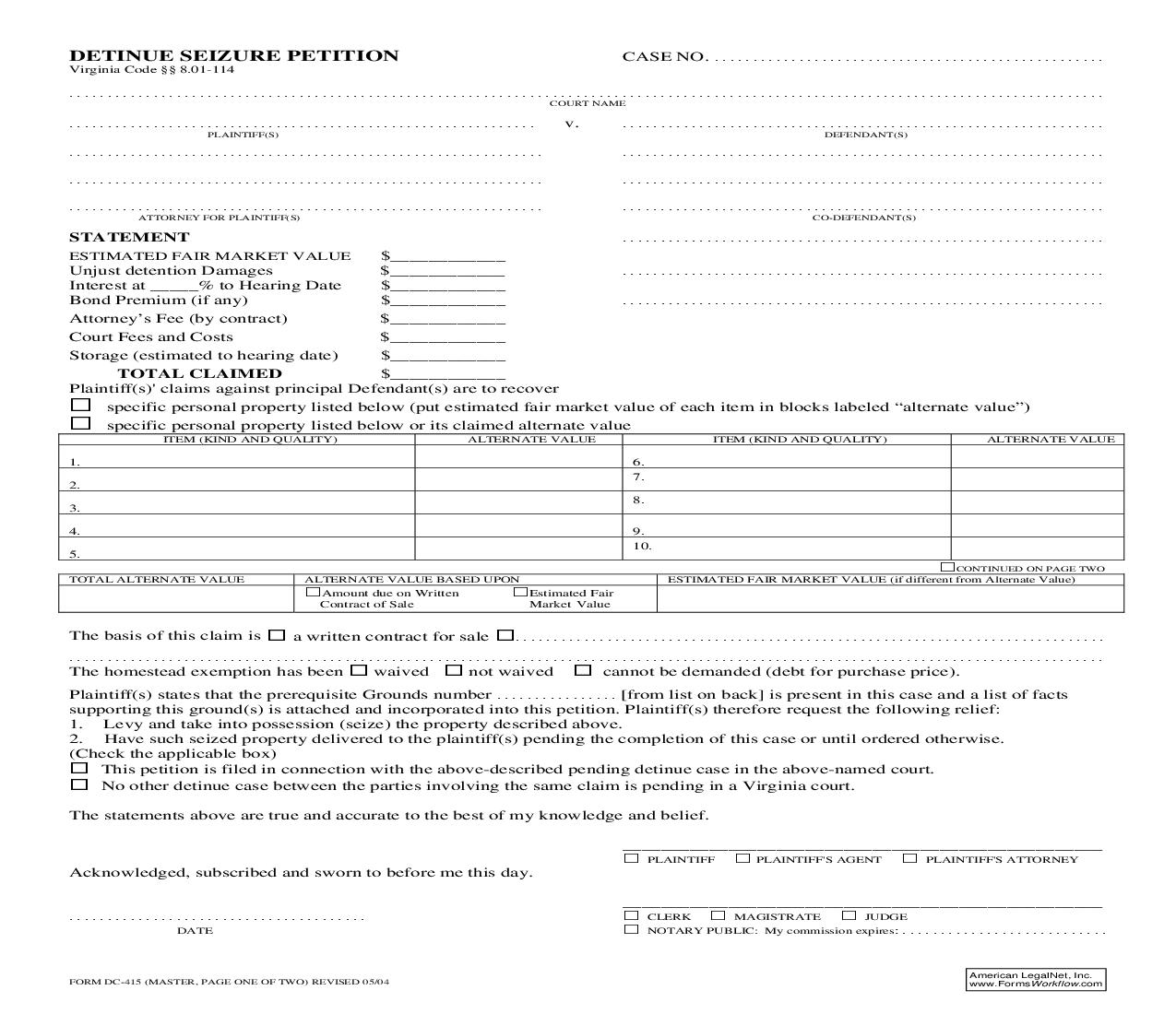 Detinue Seizure Petition {DC-415} | Pdf Fpdf Doc Docx | Virginia