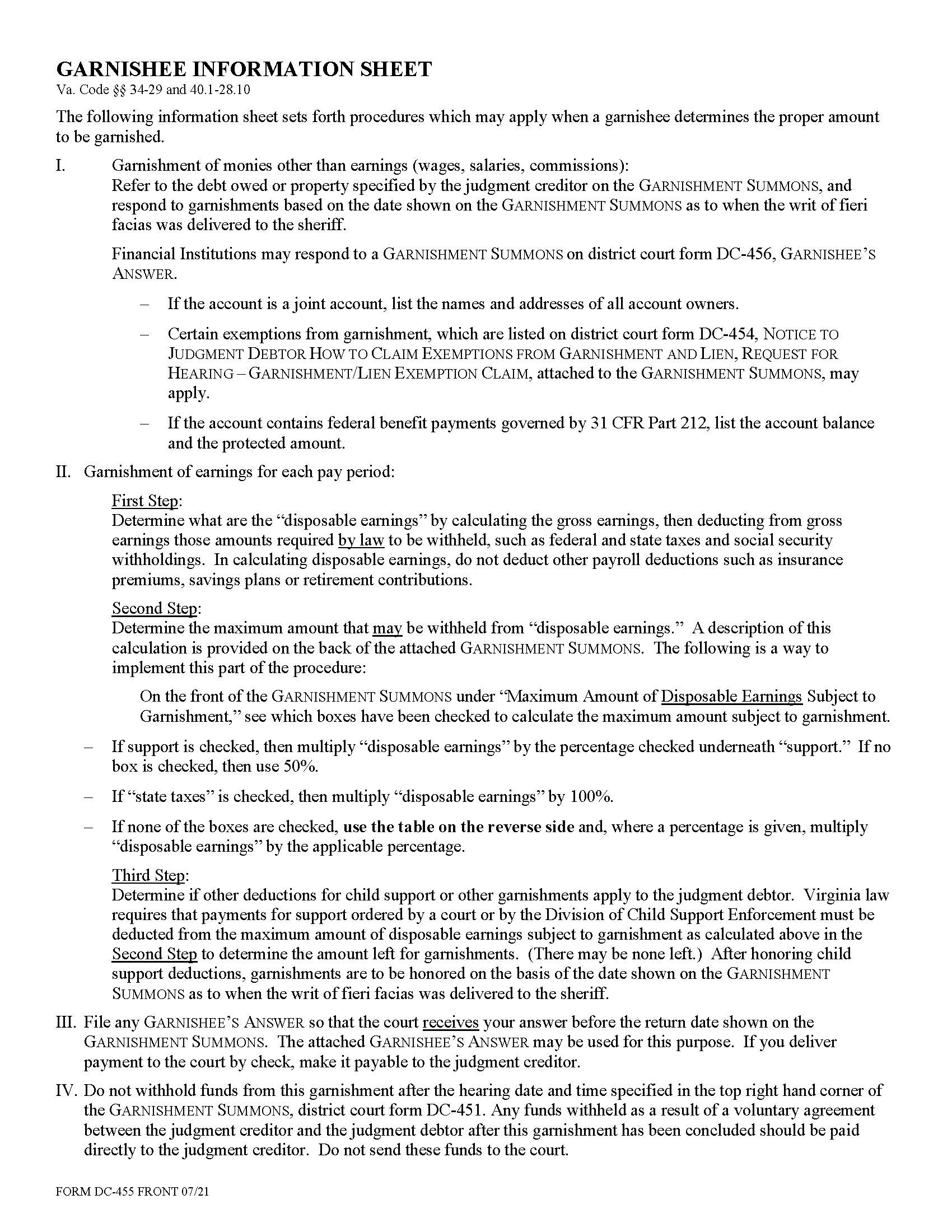 Garnishee Information Sheet {DC-455} | Pdf Fpdf Docx | Virginia