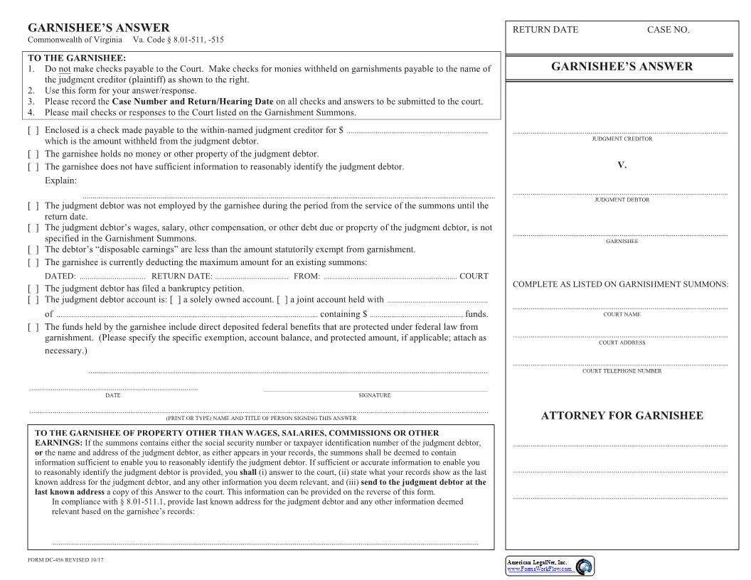 Garnishees Answer {DC-456} | Pdf Fpdf Docx | Virginia