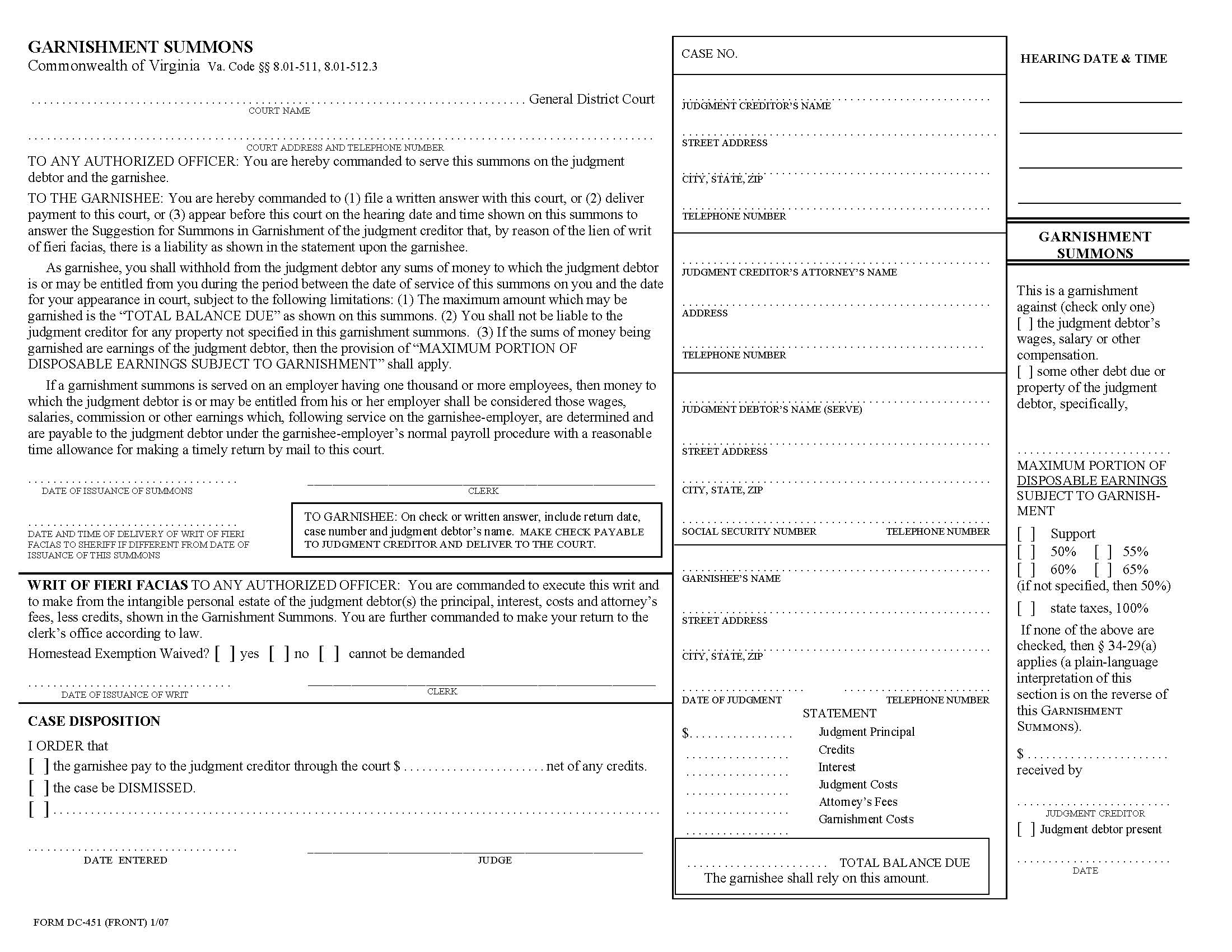 Garnishment Summons {DC-451} | Pdf Fpdf Doc Docx | Virginia