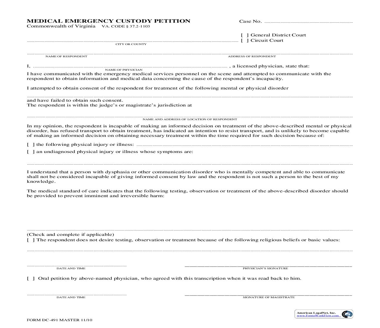 Medical Emergency Custody Petition {DC-491} | Pdf Fpdf Doc Docx | Virginia