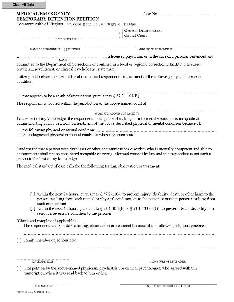 Medical Emergency Temporary Detention Petition {DC-489} | Pdf Fpdf Docx | Virginia