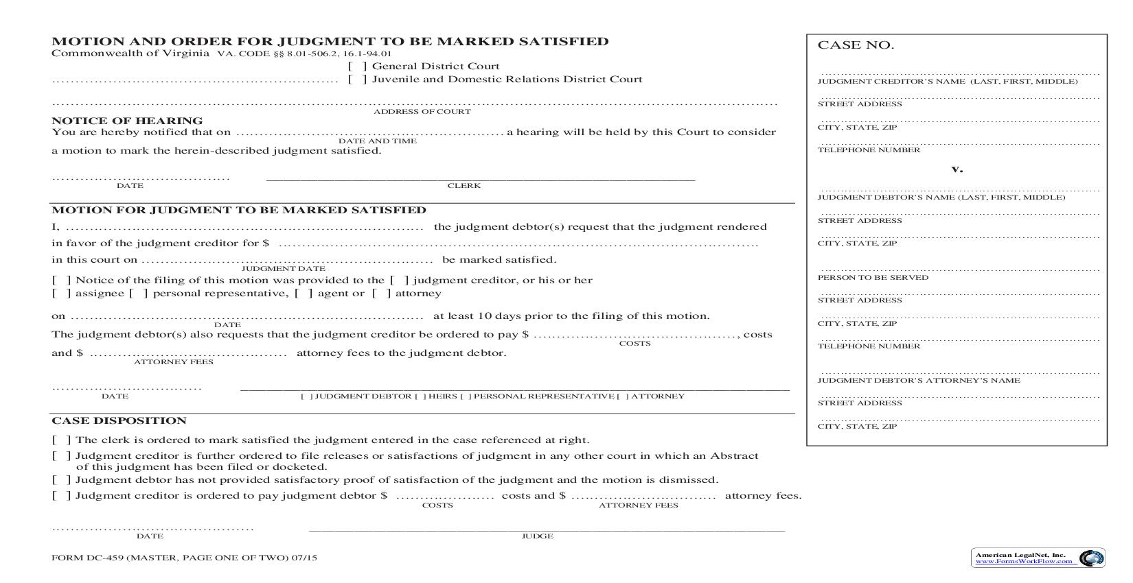 Motion And Order For Judgment To Be Marked Satisfied {DC-459} | Pdf Fpdf Doc Docx | Virginia