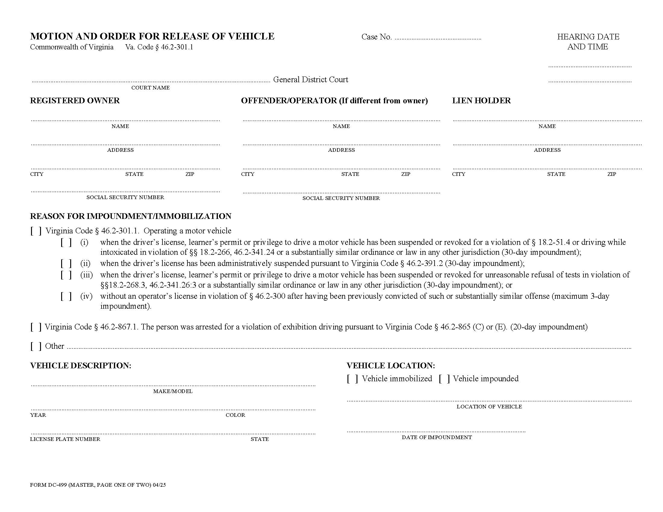 Motion And Order For Release Of Vehicle {DC-499} | Pdf Fpdf Doc Docx | Virginia