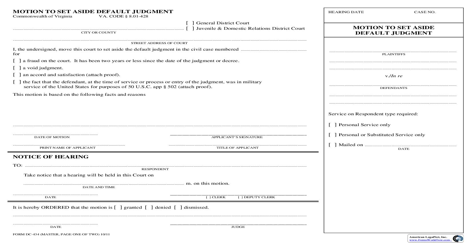 Motion To Set Aside Default Judgement {DC-434} | Pdf Fpdf Doc Docx | Virginia