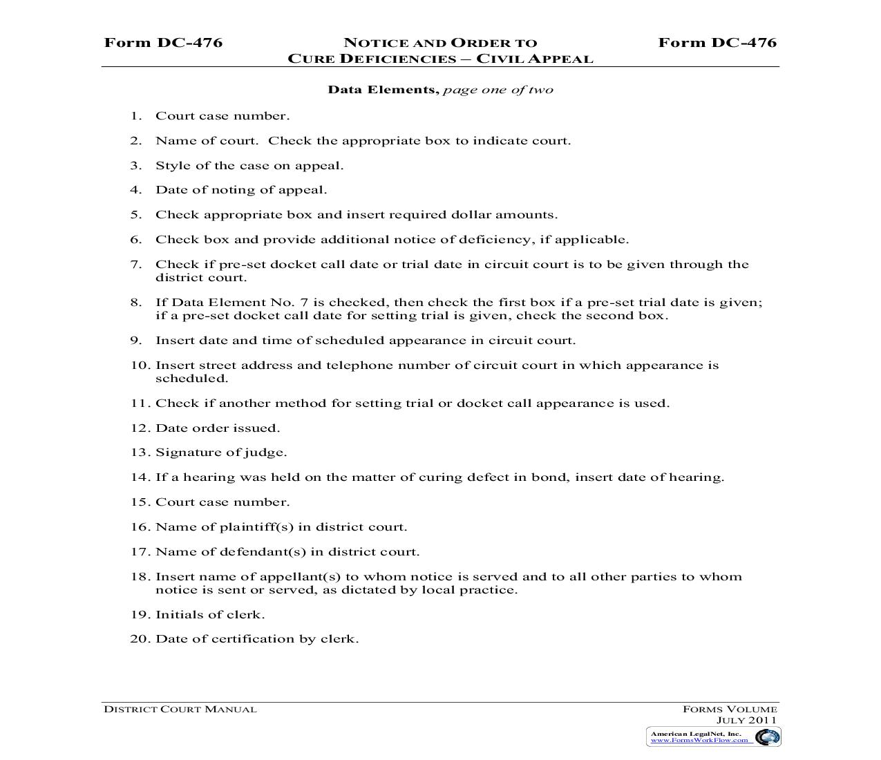 Notice And Order To Cure Deficiencies (Civil Appeal) {DC-476} | Pdf Fpdf Doc Docx | Virginia