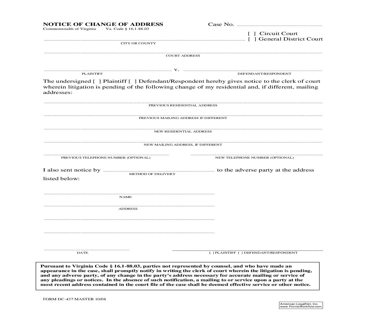 Notice Of Change Of Address {DC-437} | Pdf Fpdf Doc Docx | Virginia