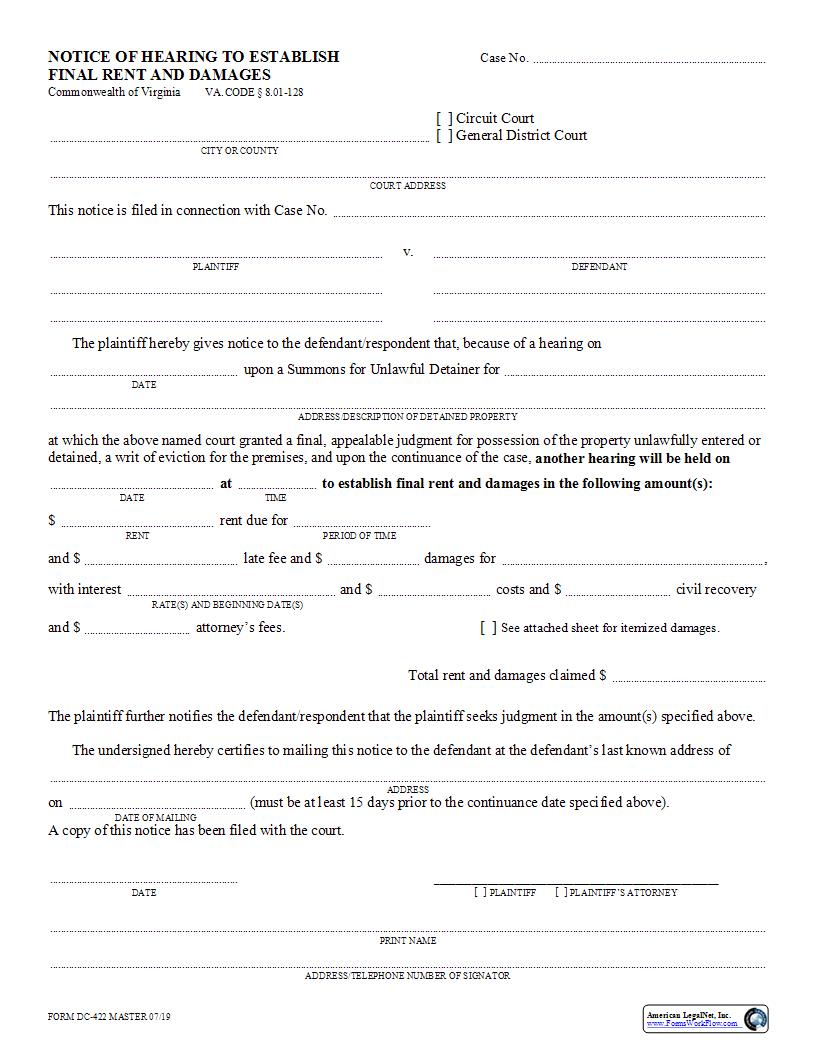 Notice Of Hearing To Establish Final Rent And Damages {DC-422} | Pdf Fpdf Docx | Virginia