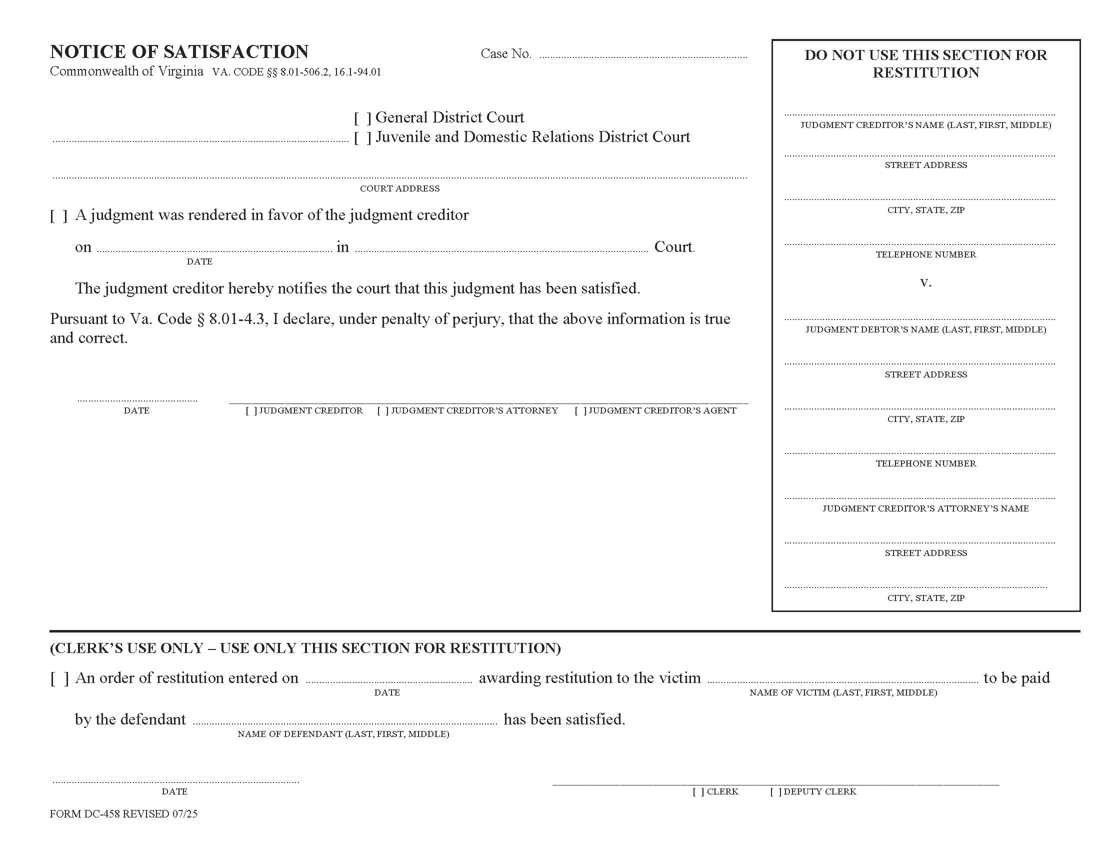 Notice Of Satisfaction {DC-458} | Pdf Fpdf Docx | Virginia