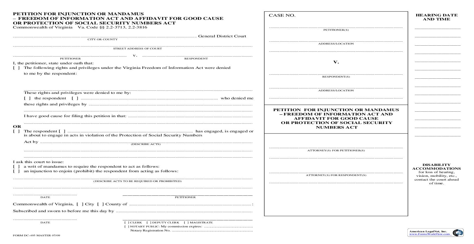 Petition And Affidavit For Good Cause For Injuction Of Mandamus {DC-495} | Pdf Fpdf Doc Docx | Virginia