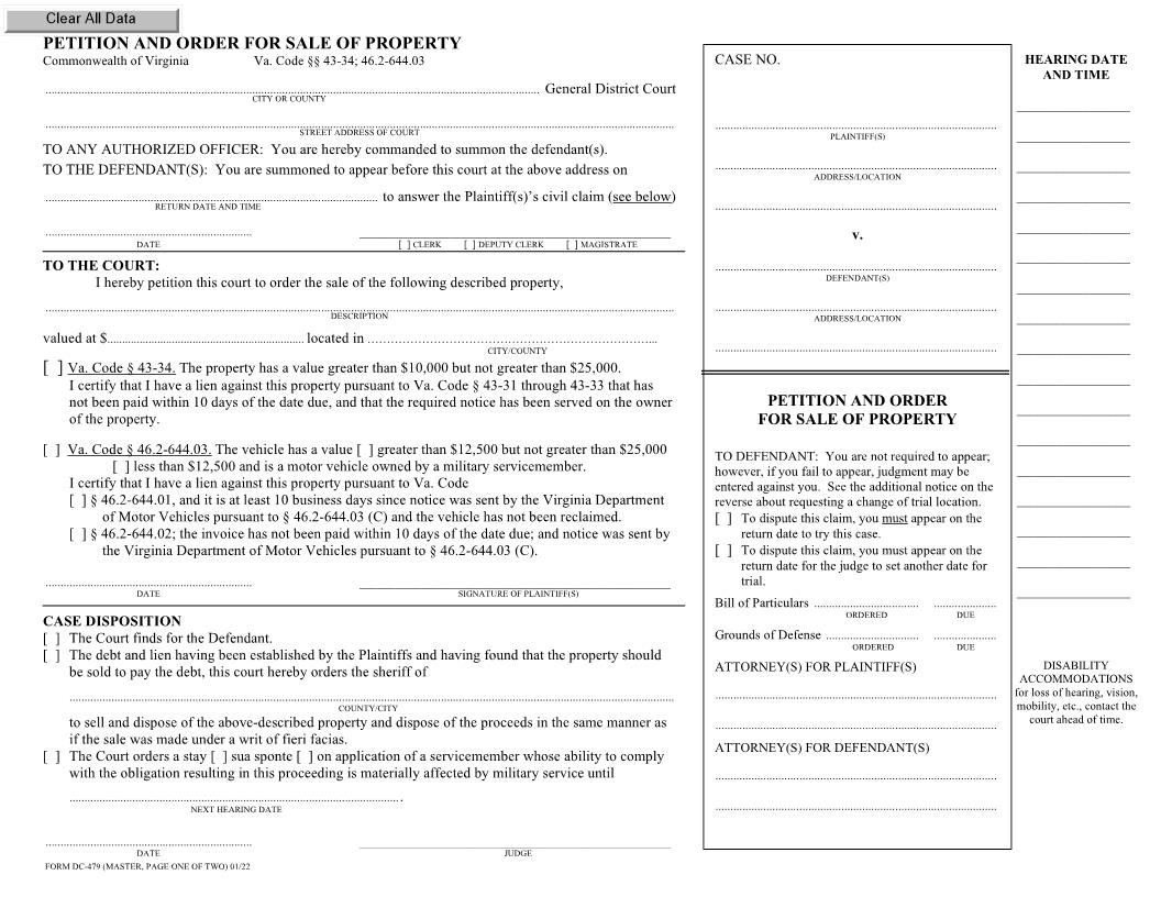 Petition And Order For Sale Of Property {DC-479} | Pdf Fpdf Doc Docx | Virginia