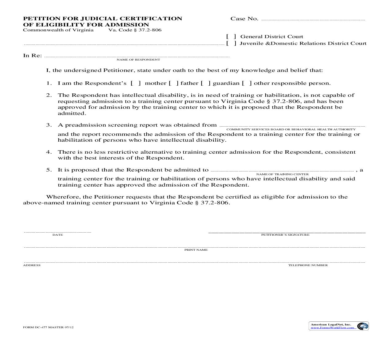 Petition For Judicial Certification Of Eligibility For Admission {DC-477} | Pdf Fpdf Doc Docx | Virginia