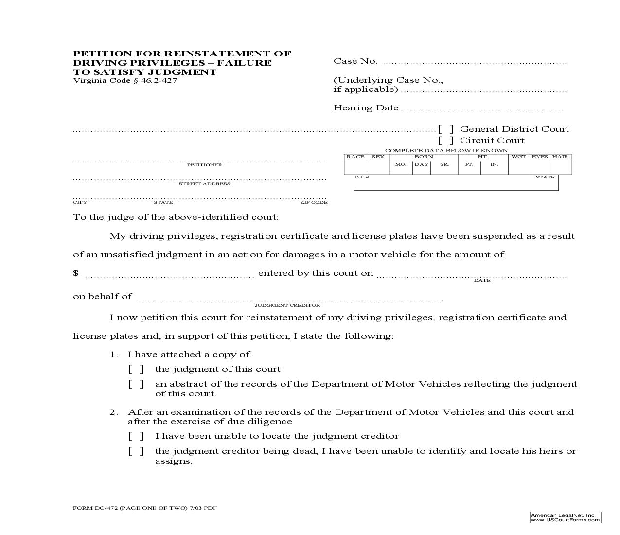 Petition For Reinstatement Of Driving Privileges-Failure To Satisfy Judgment {DC-472} | Pdf Fpdf Doc Docx | Virginia