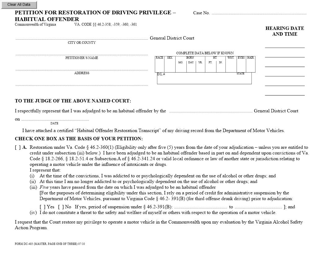 Petition For Restoration Of Driving Privilege Habitual Offender {DC-485} | Pdf Fpdf Doc Docx | Virginia