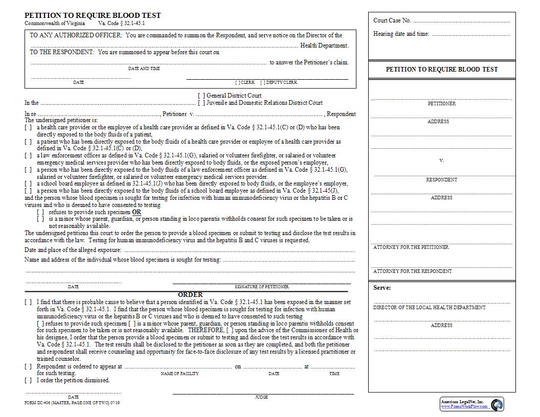 Petition To Require Blood Test {DC-406} | Pdf Fpdf Docx | Virginia