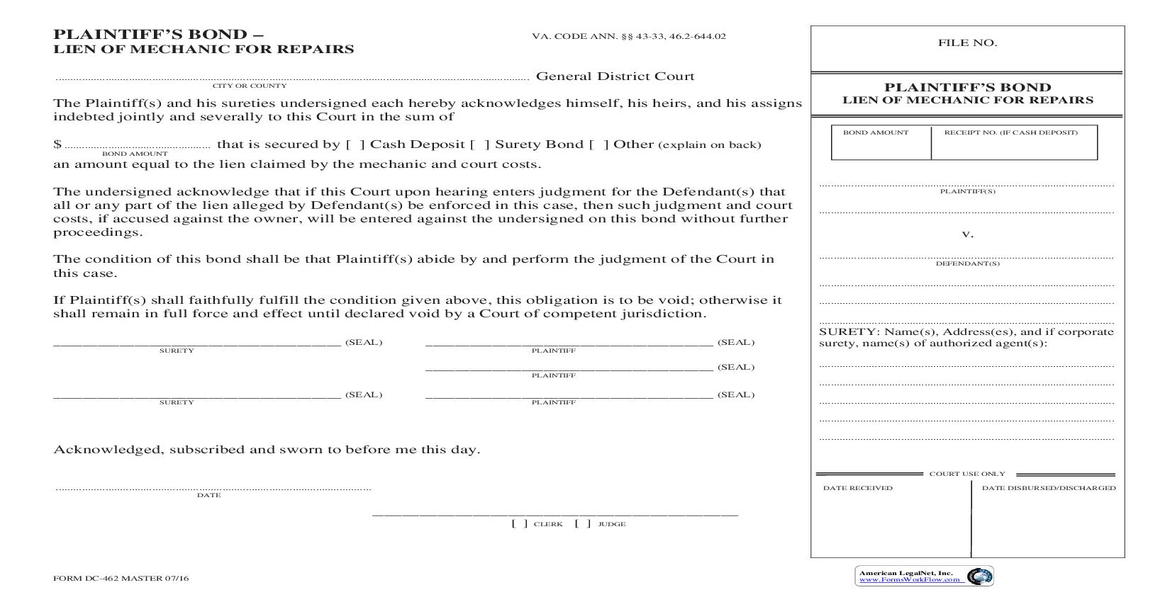 Plaintiffs Bond Lien Of Mechanic For Repairs {DC-462} | Pdf Fpdf Doc Docx | Virginia