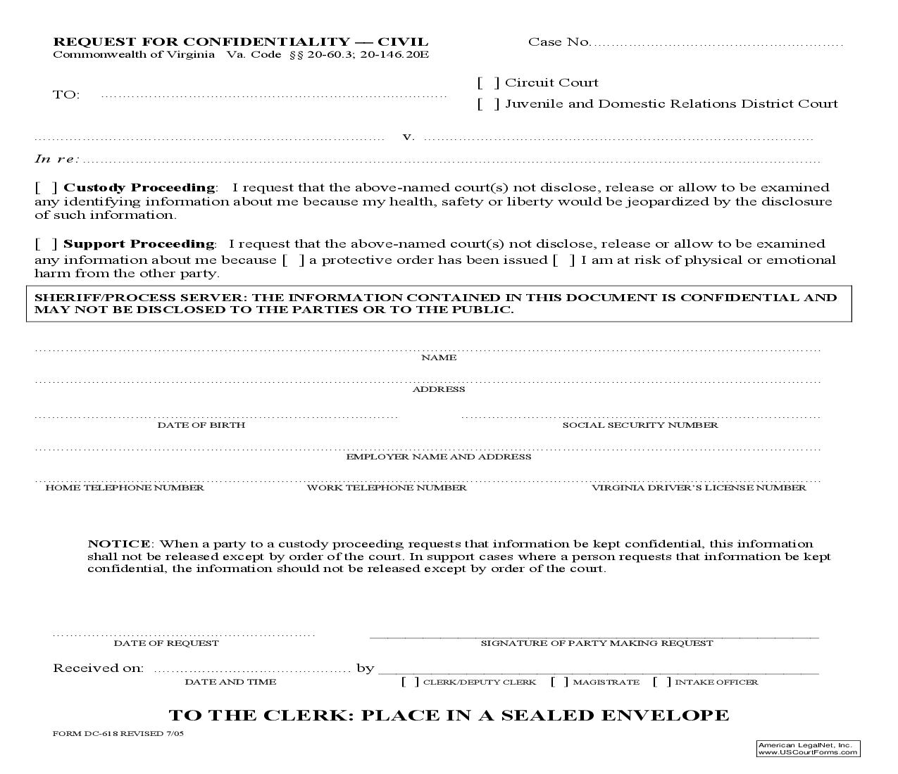 Request For Confidentiality-Civil {DC-618} | Pdf Fpdf Doc Docx | Virginia