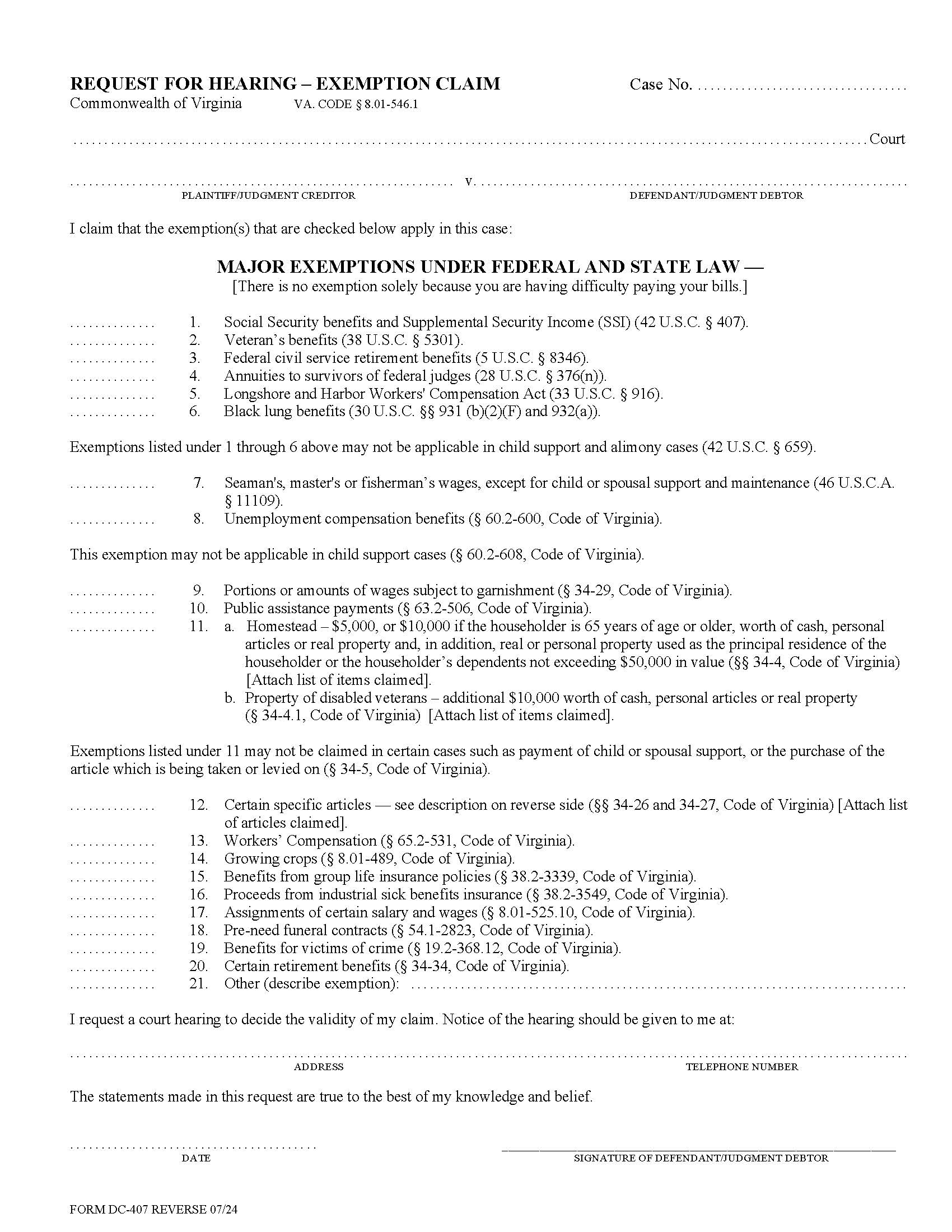 Request For Hearing Exemption Claim W-Instructions {DC-407} | Pdf Fpdf Doc Docx | Virginia