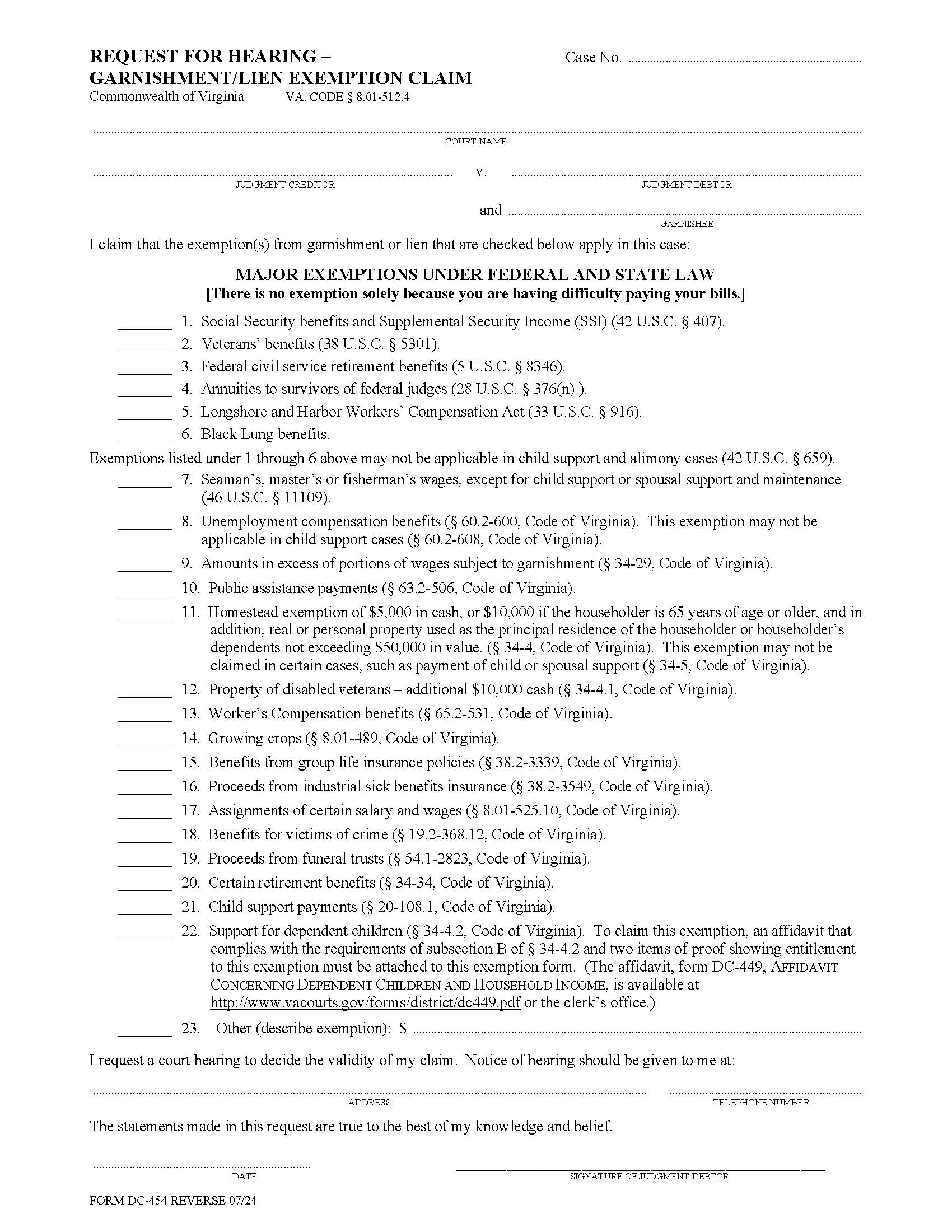 Request For Hearing Garnishment Exemption Claim W-Instructions {DC-454} | Pdf Fpdf Doc Docx | Virginia