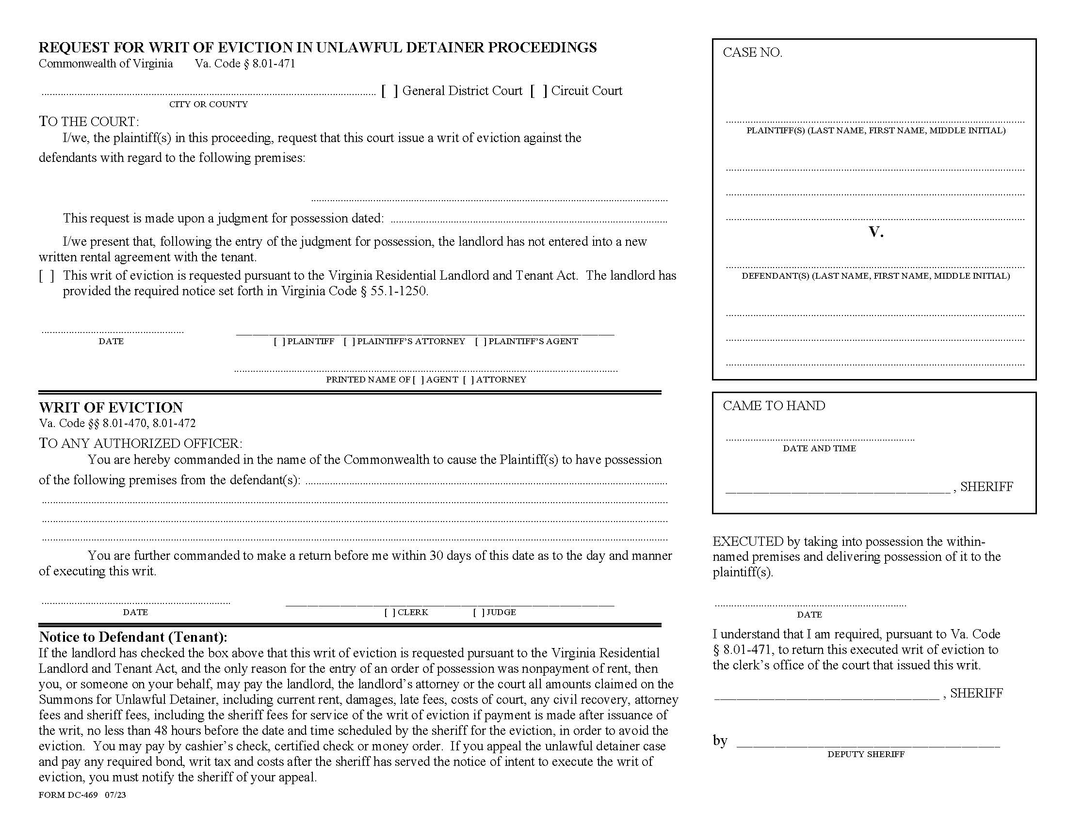 Request For Writ Of Possession In Unlawful Detainer Proceedings {DC-469} | Pdf Fpdf Docx | Virginia