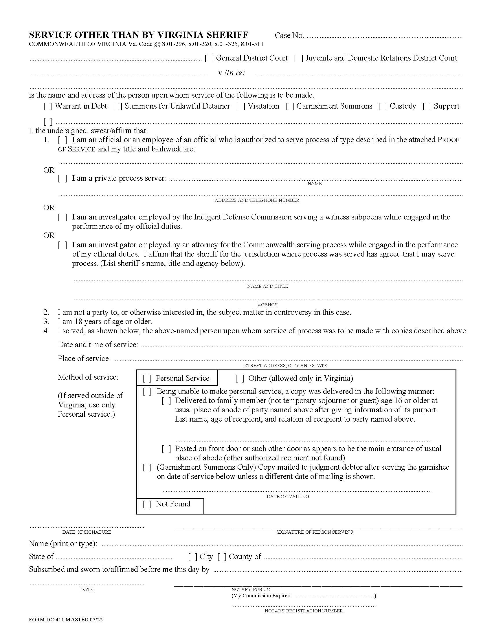 Service Other Than By Virginia Sheriff {DC-411} | Pdf Fpdf Docx | Virginia