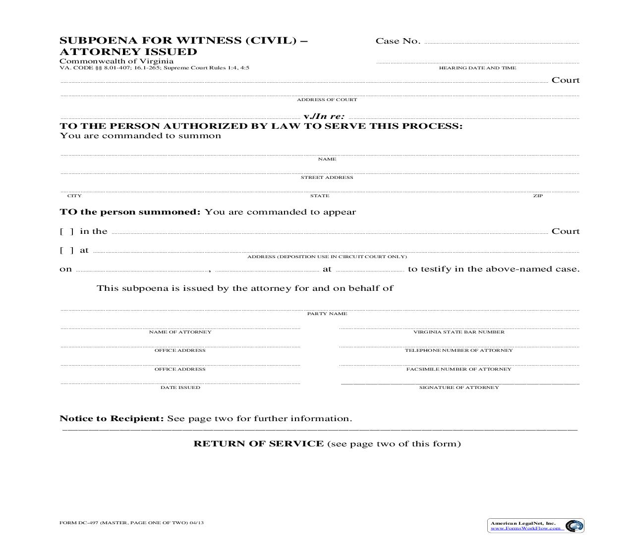 Subpoena Civil - Attorney {DC-497} | Pdf Fpdf Doc Docx | Virginia