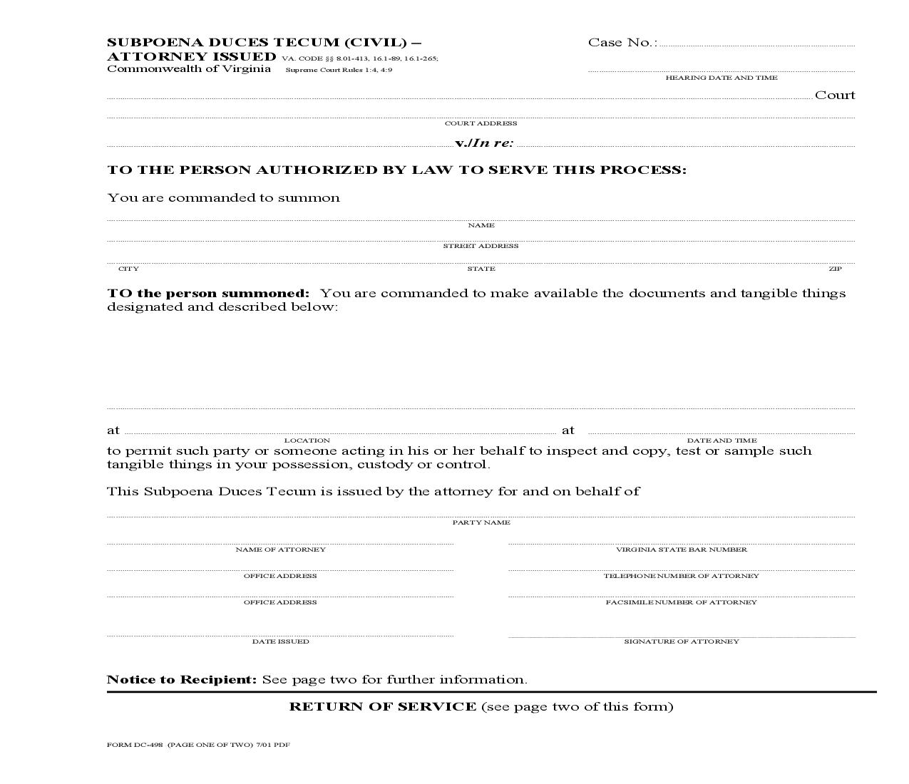 Subpoena Duces Tecum Civil Attorney {DC-498} | Pdf Fpdf Doc Docx | Virginia