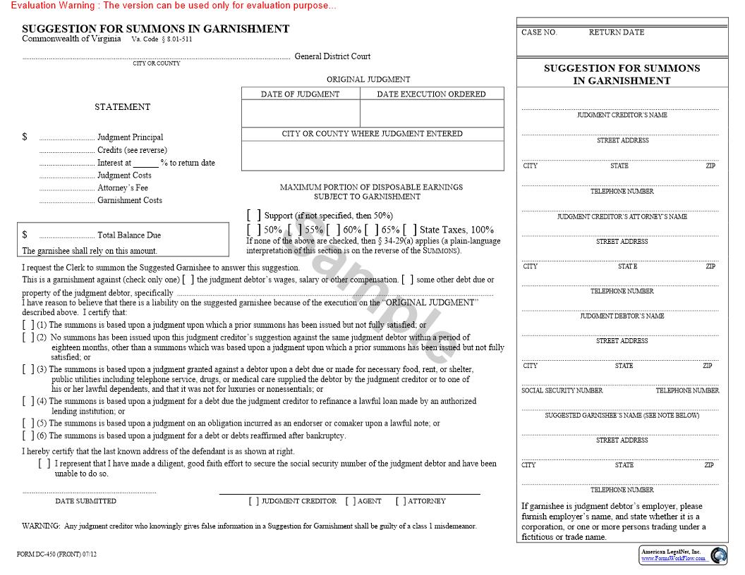 Suggestion For Summons In Garnishment {DC-450} | Pdf Fpdf Doc Docx | Virginia