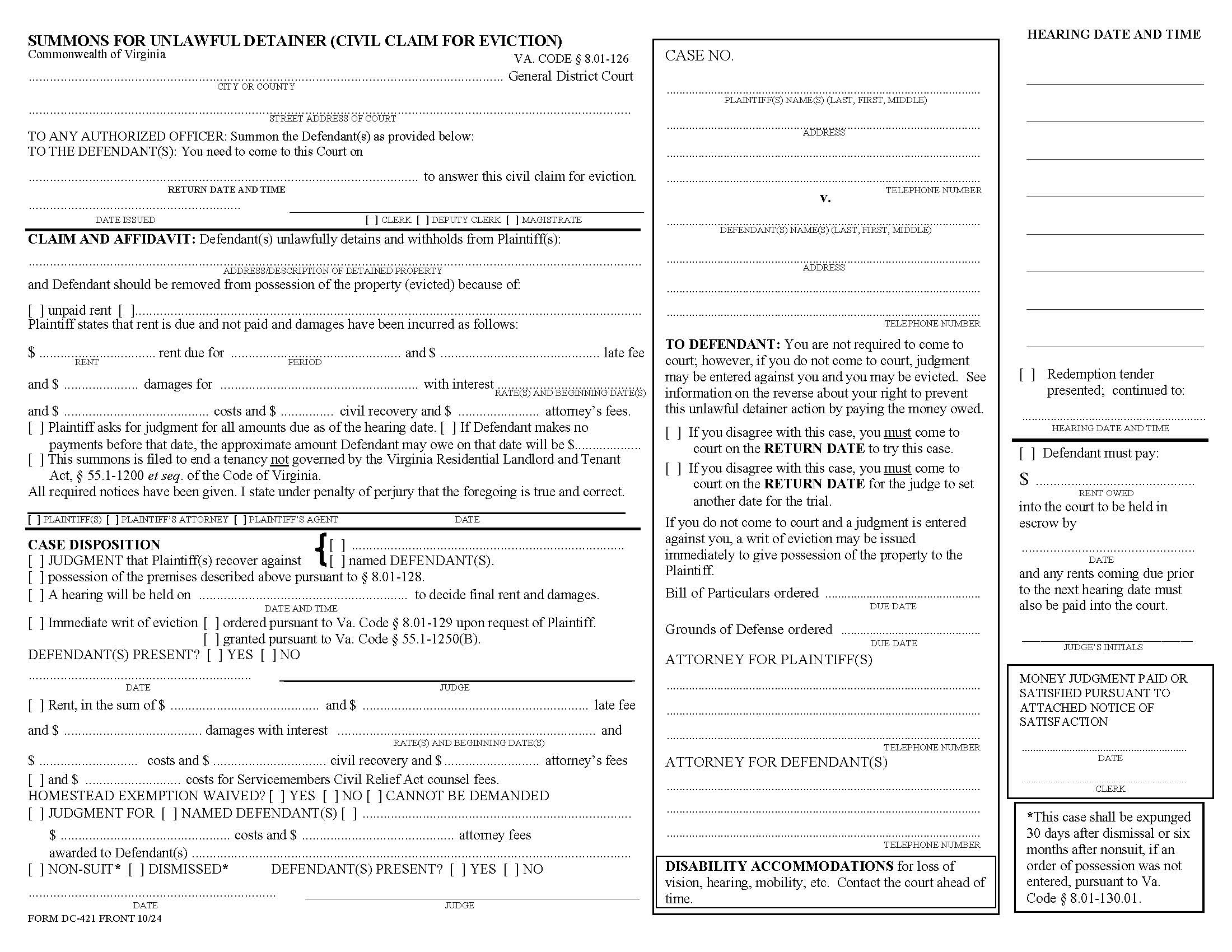Summons For Unlawful Detainer {DC-421} | Pdf Fpdf Docx | Virginia