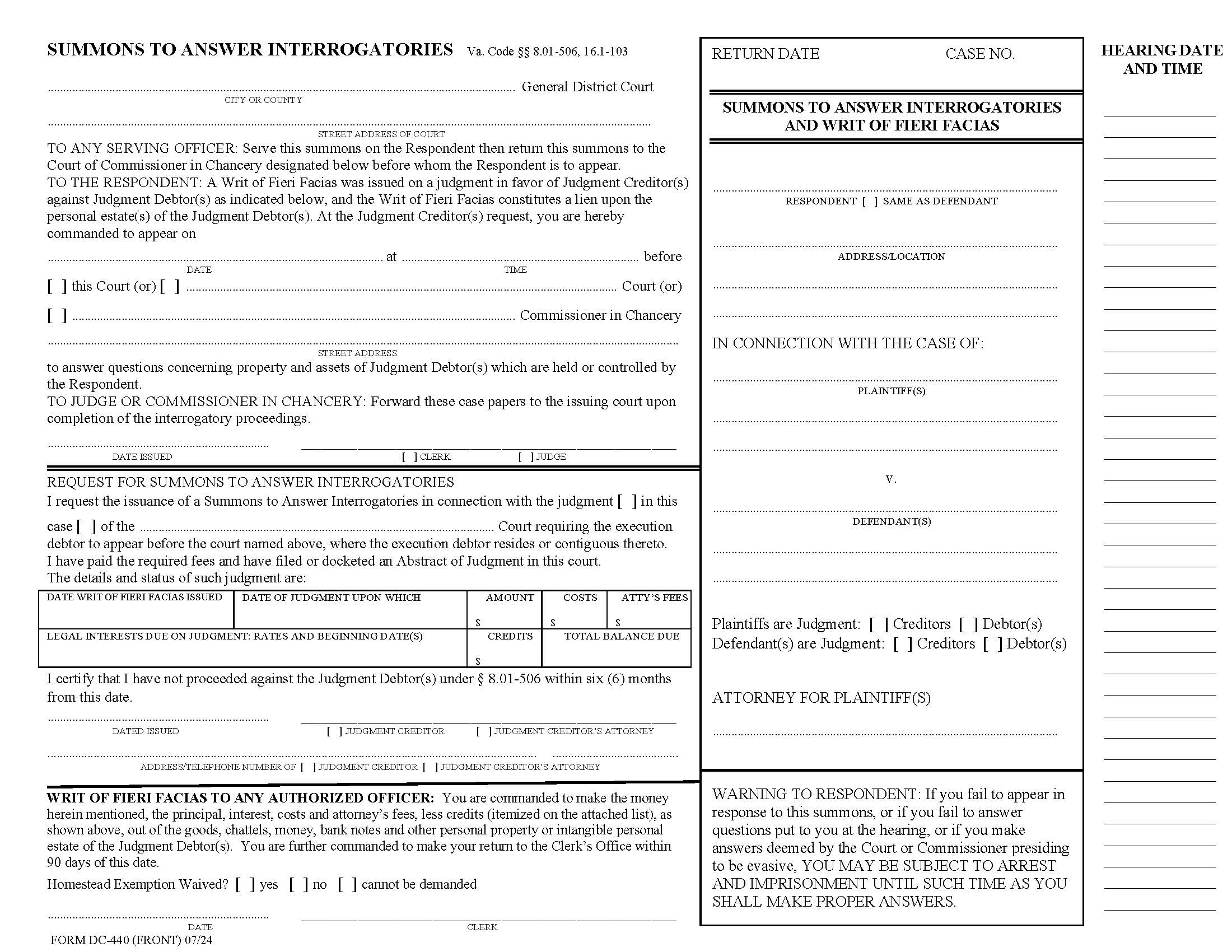 Summons To Answer Interrogatories {DC-440} | Pdf Fpdf Docx | Virginia