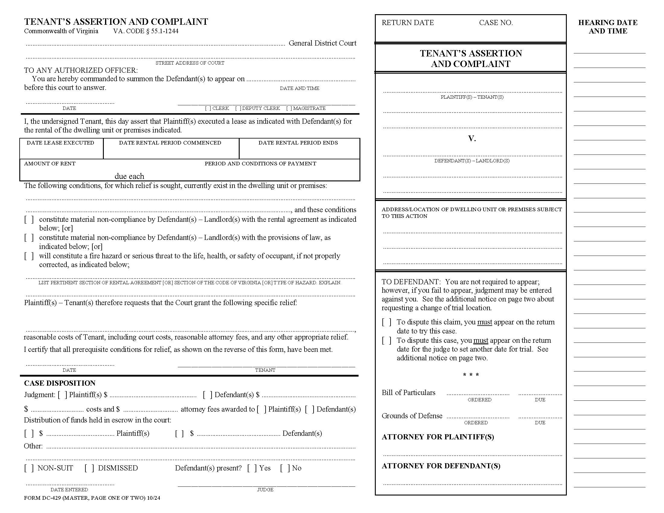 Tenants Assertion And Complaint {DC-429} | Pdf Fpdf Docx | Virginia