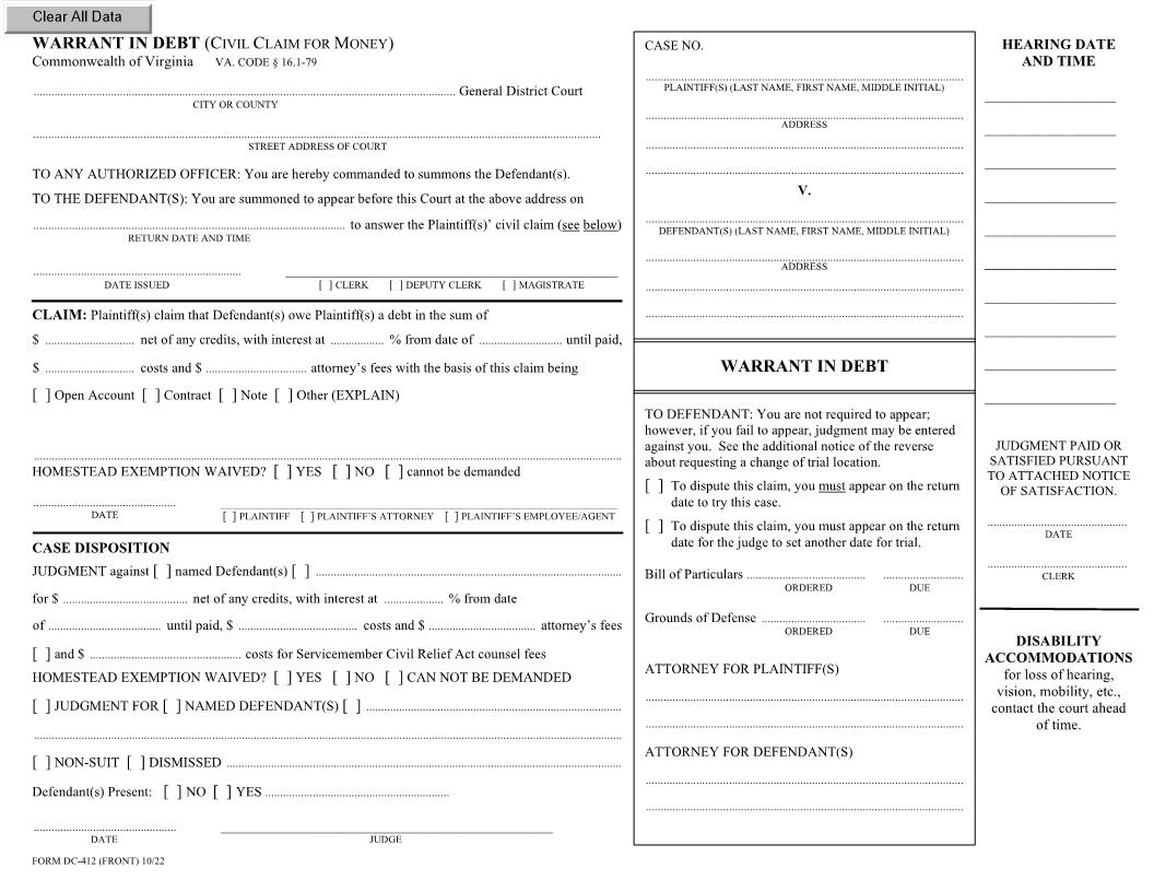 Warrant In Debt {DC-412} | Pdf Fpdf Docx | Virginia