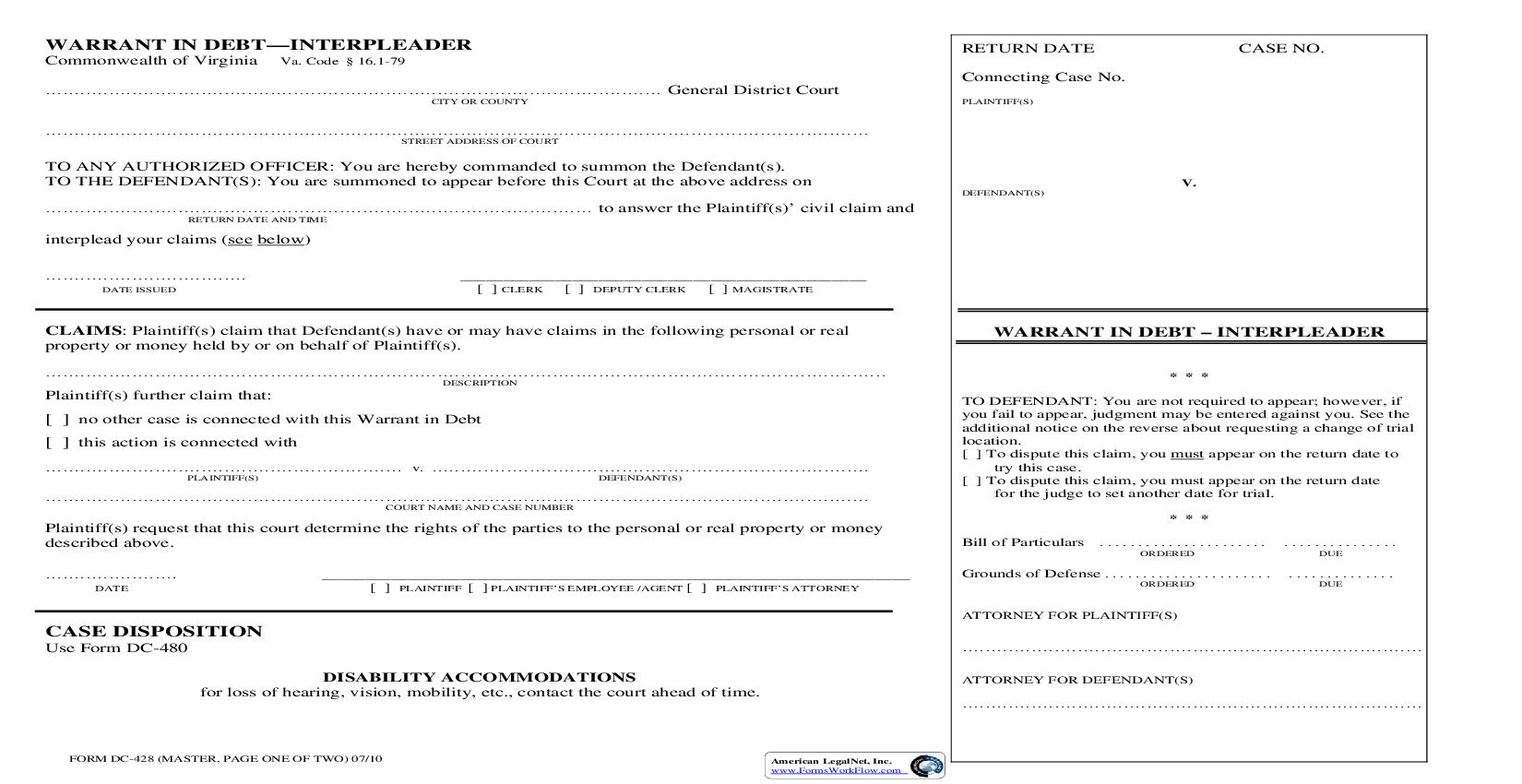 Warrant In Debt Interpleader {DC-428} | Pdf Fpdf Doc Docx | Virginia