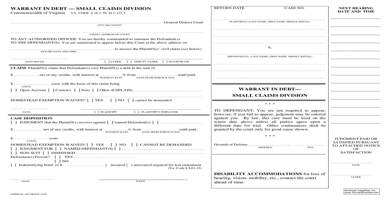Warrant In Debt Small Claims Division {DC-402} | Pdf Fpdf Doc Docx | Virginia