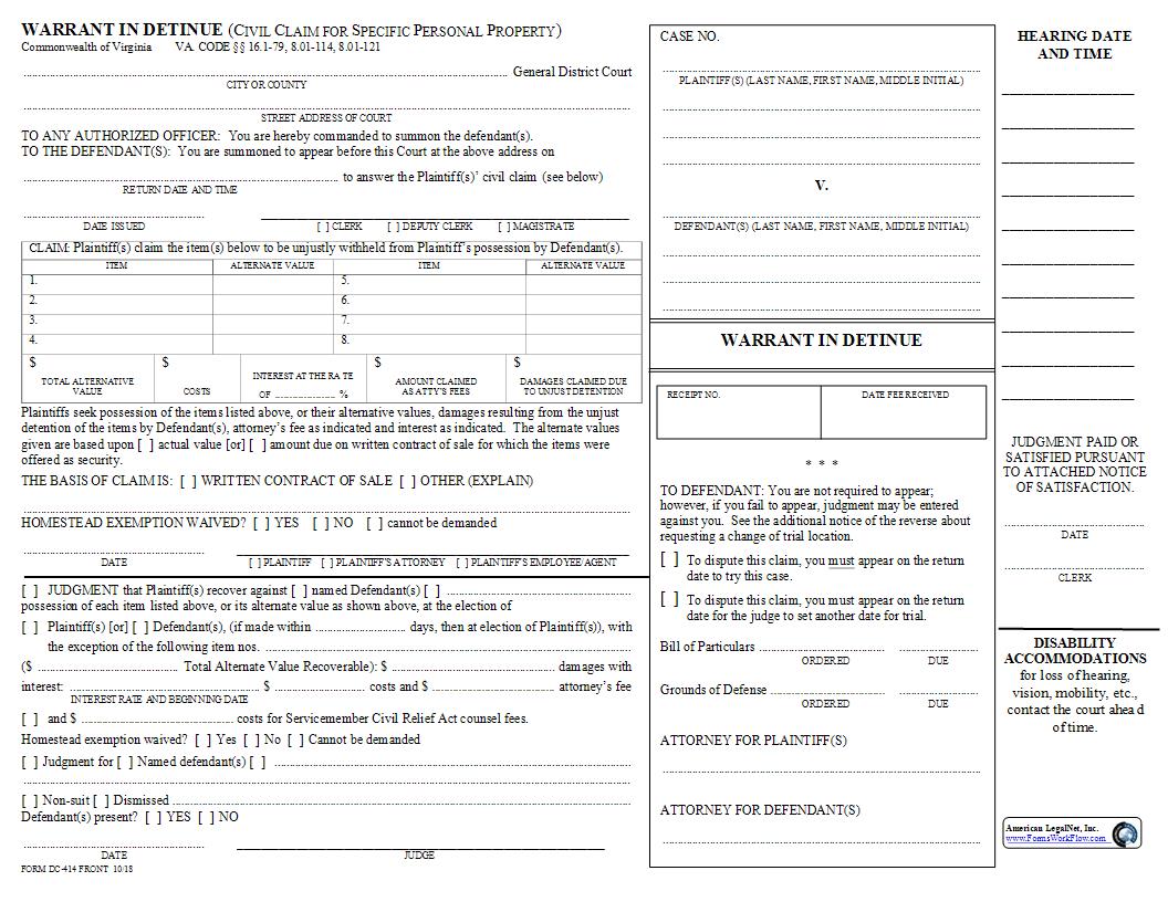 Warrant In Detinue Civil Claim For Specific Personal Property {DC-414} | Pdf Fpdf Docx | Virginia