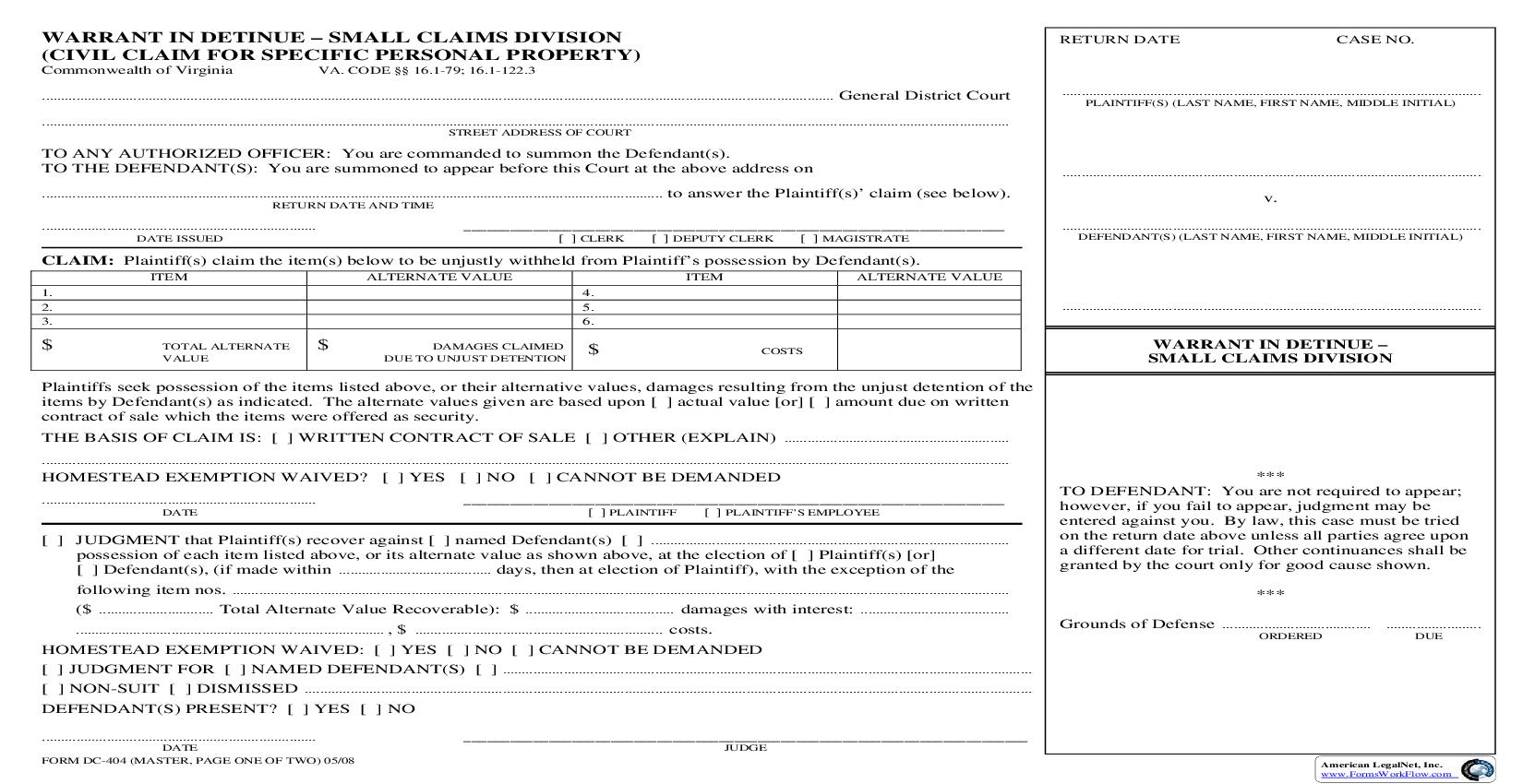 Warrant In Detinue Small Claims Division {DC-404} | Pdf Fpdf Doc Docx | Virginia
