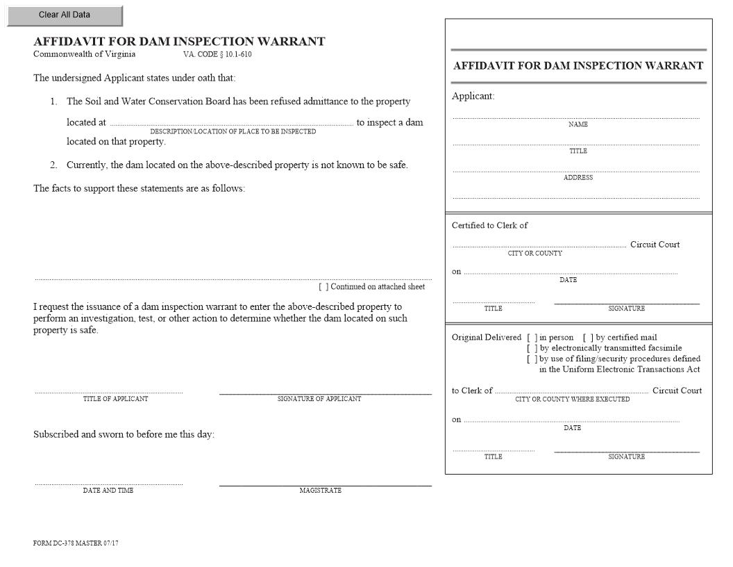 Affidavit For Dam Inspection Warrant {DC-378} | Pdf Fpdf Doc Docx | Virginia