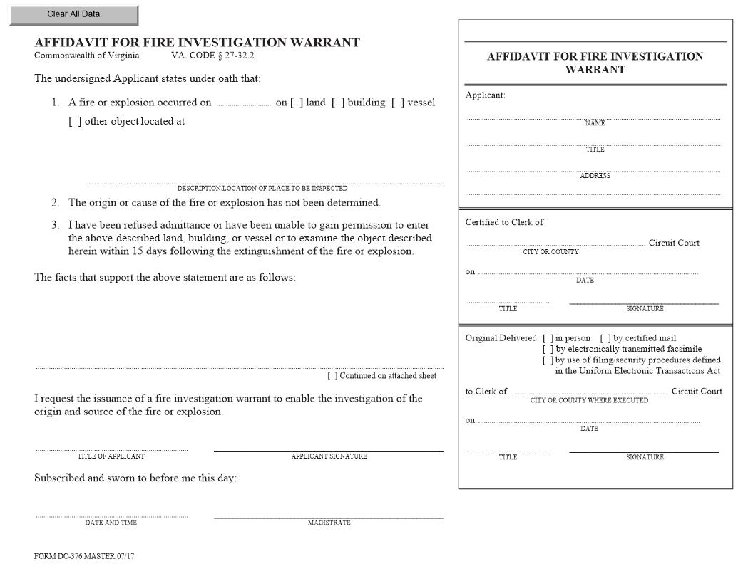 Affidavit For Fire Investigation Warrant {DC-376} | Pdf Fpdf Docx | Virginia