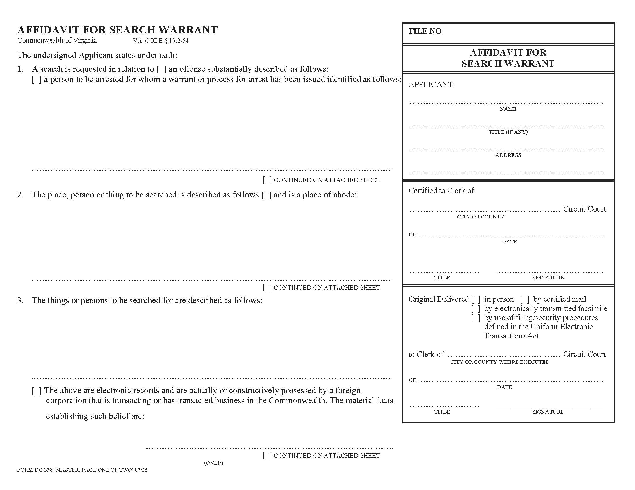 Affidavit For Search Warrant {DC-338} | Pdf Fpdf Doc Docx | Virginia