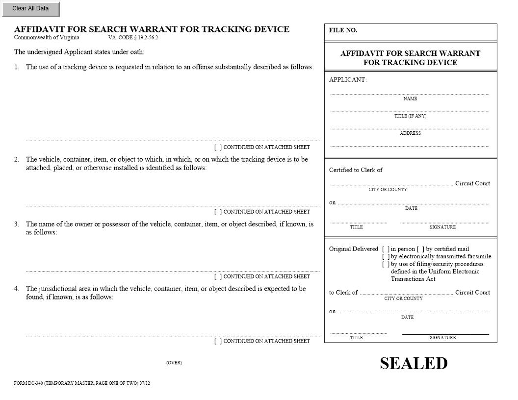 Affidavit For Search Warrant For Tracking Device {DC-340} | Pdf Fpdf Docx | Virginia